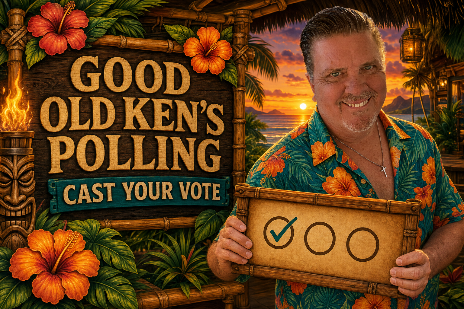 Ken in colorful tiki wear holding a ballot board at sunset